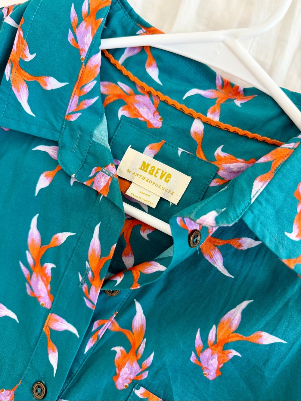 Anthropologie Teal Koi-Print Button-Front Midi Dress with Self-Tie - Picture 3 of 4